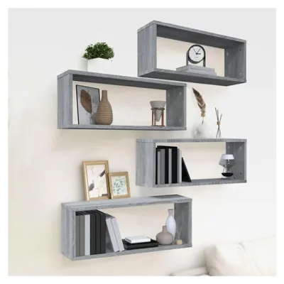 Produktbild von Würfelregale 4 Stück Bücherregal Schwebend, Regalbrett, Kleinregal, Schubladenregal, Wandregal, Hausregal, Schmalregal, Hängeregal, Grau Sonoma 60x15x23 cm Holzwerkstoff