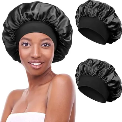 Produktbild von 2 Satin Bonnets Schlafmützen Verstellbar Seide Kopfhauben Schwarz