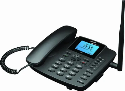 A black Maxcom Comfort MM41D Smart Telephone with an antenna is shown against a white background.