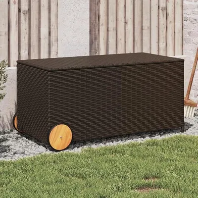 Image de Coffre de jardin sur roulettes, couleur marron, 190 litres, en polyrotin. Idéal comme meuble de jardin, coffre de rangement extérieur, boîte de rangement pour coussins, meuble de balcon, coffre de jardin, ou boîte de rangement pour colis. Référence : 365325