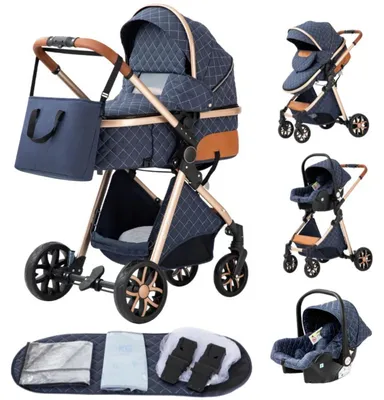 Productafbeelding van 3-in-1 combinatie kinderwagen - V9 kinderwagen - Opvouwbaar - Geschikt voor pasgeborenen - Compatibel met autostoeltjes - Draagvermogen tot 20 kg - Lage uitvoering - Blauw