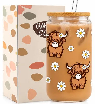 Trinkglas Highland-Kuh 500 ml mit Deckel & Strohhalm