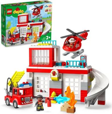 Produktbild von LEGO 10970 DUPLO Feuerwehrwache mit Hubschrauber, Feuerwehr-Spielzeug aus Bausteinen für Kleinkinder ab 2 Jahre, mit Feuerwehrauto und 2 Figuren, Geschenk für Mädchen und Jungen