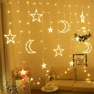 Produktbild von LED Stern Mond Lichtervorhang Lichterkette Batteriebetrieben Innen Party Deko Weihnachtsbeleuchtung, Warmweiß