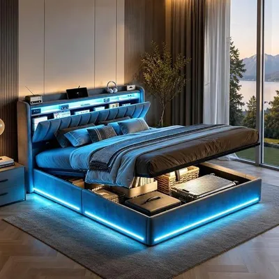 Zdjęcie produktu dla Łóżko tapicerowane 160x200 cm z podświetleniem LED i stacją ładowania USB, łóżko pojemne 160x200 z pojemnikiem i stelażem, podwójne łóżko z pojemnym zagłówkiem i hydraulicznym systemem otwierania, łóżko młodzieżowe, obita welurem, kolor szary