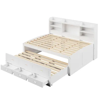Produktbild von Schlafsofa, Daybett, Tagesbett, 140 x 200cm, 3 schubladen, Nachttischablage, Multifunktionales ausziehbares bett mit usb+type-c, Ohne matratze, Weiß