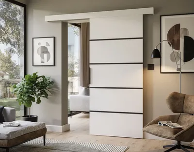 A modern living room with a sliding door, furniture, and decor.