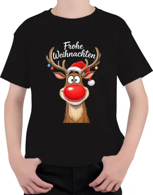 Produktbild von Frohe Weihnachten Rentier Rudolph rote Nase Weihnachtsmütze süß Uni Kinder T-Shirt, Schwarz, 152