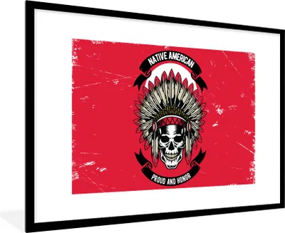 Produktbild von MuchoWow® MuchoWow® Gerahmtes Poster Schädel - Indianerkopf - Vintage - Zeichnung 90x60 cm - Poster mit zchwarzem Bilderrahmen - Wanddekoration - Fotos