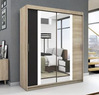 Produktbild von Schwebetürenschrank, 2-türig Schrank! Moderne Garderobe für Kleidung. Verschiedene Farben (Weiß, Schwarz, Somona) Kleiderschrank BRUNI  120 cm