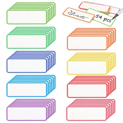 Image de 54 bandes magnétiques inscriptibles, étiquettes nominatives réutilisables de 8 x 3 cm, 9 couleurs d'aimants pour tableaux blancs, casiers, réfrigérateurs, à l'école, au bureau ou à la maison.