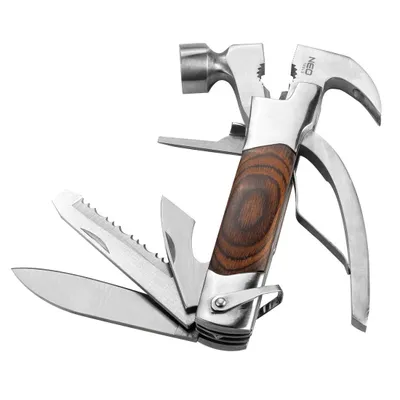 Produktbild von NEO TOOLS Multitool 13in1 Multifunktionswerkzeug, Edelstahl, Holzgriff, Zange, Mutternzange, Kabelschneider, Nagelzange, Hammer, Flachschraubendreher, Schraubendreher, Messer, Dosenöffner, Säge, Feile