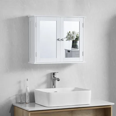 Image de Armoire de salle de bain avec miroir - Meuble mural avec miroir - Organisateur de salle de bain - Étagère réglable - H 47 x L 57 cm - Blanc