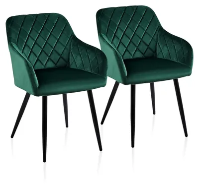 Produktbild von Esszimmerstühle 2er Set, Küchenstühle aus Samt, Polsterstühle mit Armlehnen und Rückenlehne, Metallbeine, für Küche, Esszimmer und Wohnzimmer, bis 120 kg, Grün