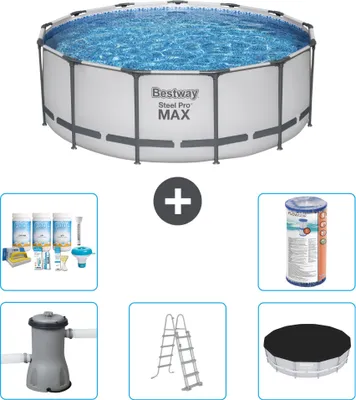 Produktbild von Bestway Round Steel Pro MAX Schwimmbad – 396 x 122 cm – Grau – inklusive Pumpe – Leiter – Abdeckung Wartungspaket - Filter