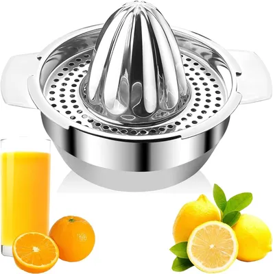 Obrázek produktu pro Ruční odšťavňovač citrusů s nádobou o objemu 400 ml, vyrobený z nerezové oceli, určený pro citrusové plody, jako jsou citrony a pomeranče