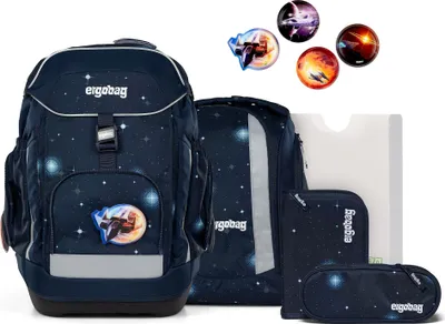 A set of school supplies including a backpack, pencil case, and other accessories, all with a space-themed design.