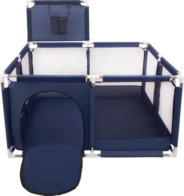 A blue and white playpen with a tunnel entrance and a basketball hoop attachment.