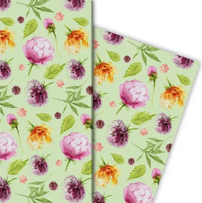 Produktbild von Sommerliches Geschenkpapier mit Blumen, grün - G4827, 32 x 48cm