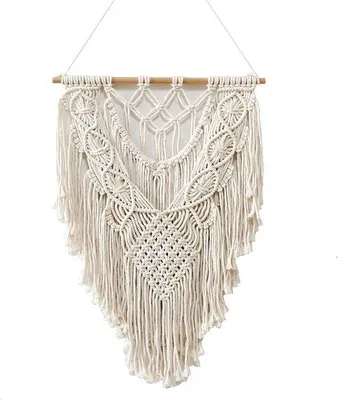 Produktbild von Unyqoos® Macramé-Wandteppich – Boho Wanddekoration, 100% Baumwolle, handgewebt, 50×70 cm, mit Holzstange & Wandhaken für Wohnzimmer Schlafzimmer Balkon