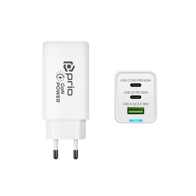 Image de prio Chargeur mural GaN Power 65W PD PPS (USB C) + QC 3.0 (USB A) blanc