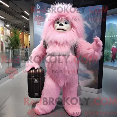 Image de Personnage mascotte REDBROKOLY d un yéti rose habillé d une robe fourreau et de sacs à dos