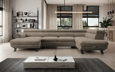 Zdjęcie produktu dla DomoHome ECKSOFA RAVEN XL - Narożnik z funkcją spania z wysuwanym łóżkiem, regulowane zagłówki, pojemnik na pościel, duża sofa 334x198x162 cm prawa strona beżowy