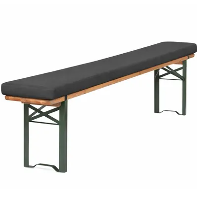 A bench cushion on a wooden and green metal bench, presented on a white background.