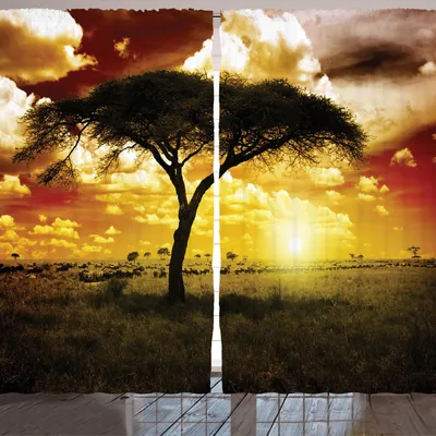 Produktbild von ARANDE Safari Gardine, Einzelner Baum Träumerischen Afrikanischen Sonnenuntergang Dunklen Drastischen Wolken, 280 x 225 cm, Grün Weiß Rot