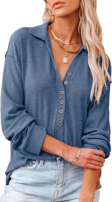 Produktbild von ASKSA Damen Baumwolle Blusen V-Ausschnitt Tops Langarm Einfarbig Knopf Tunika Shirts Oberteile, Blau, XXL