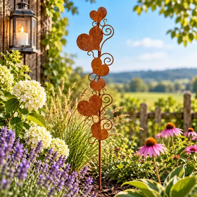 Produktbild von Edelrost Gartenstecker Herzen 70 cm Metall Garten Deko Rostoptik Beet Terrasse