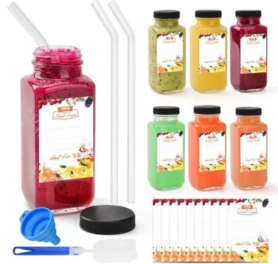 Productafbeelding van Smoothieflessen 250 ml - Glazen Flessen - Shotflessen - Drinkflessen - Mini Glazen - Inclusief Rietjes en Trechter - Sapflessen