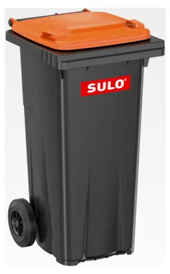 Produktbild von Graue Mülltonne mit orangefarbenem Deckel, 120 Liter