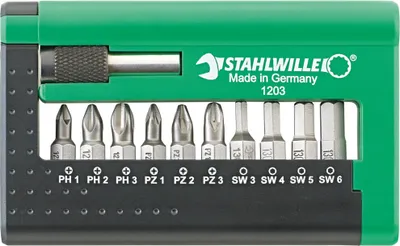 Zdjęcie produktu dla STAHLWILLE 1203 BIT-SET, 10 szt., Phillips, Pozidriv, PH 1, PH 2, PH 3, PZ 1, PZ 2, PZ 3, 3,4,5,6 mm, 110 g