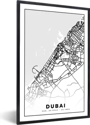 Produktbild von MuchoWow® Gerahmtes Poster Dubai - Karte - Stadtplan - Schwarz und weiß 20x30 cm - Poster mit Schwarzem Bilderrahmen Wandposter Rahmen Foto Bilder - Drucken - Bilder Poster im Rahmen