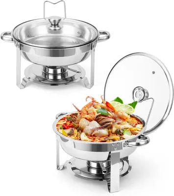 Produktbild von Buffetwärmer Set 5L – Rundes Chafing Dish aus Edelstahl mit Sichtglasdeckel und Halterung, geeignet für Feiern, Hochzeiten und Catering – 4-teilig