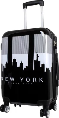 A black suitcase with a New York skyline graphic.