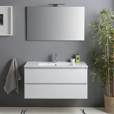 Immagine prodotto di Mobile bagno con cassetti 100cm bianco lucido, lavabo e specchio con lampada | Benaco