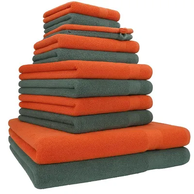 Produktbild von Betz 12-tlg. Handtuch-Set PREMIUM 2 Duschtücher 4 Handtücher 2 Gästetücher 2 Seiftücher 2 Waschhandschuhe  Farbe: blutorange / tannengrün