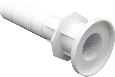 A white plastic pool fitting with threaded connection on a white background.