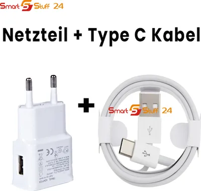A white USB wall charger and a white USB-C cable are shown on a white background.