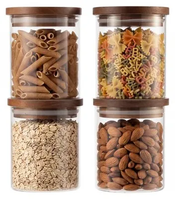 Produktbild von Famanu Vorratsbehälter Set 4 Stück - 600 ml, Borosilikatglas mit Akazienholzdeckel