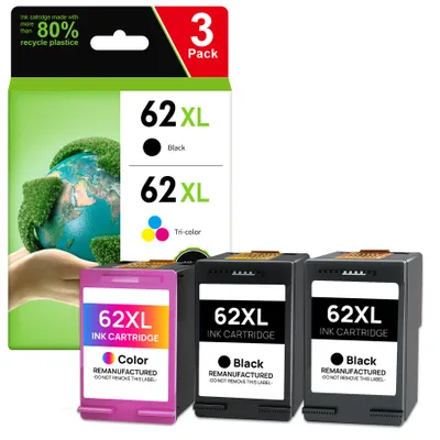 A 3-pack of GREENSKY 62XL ink cartridges, including two black and one tri-color cartridge, is displayed. The packaging features an image of the Earth with a hand holding it, emphasizing the recycled plastic aspect.