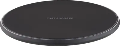 A black wireless charger is shown from a slightly elevated angle against a white background.