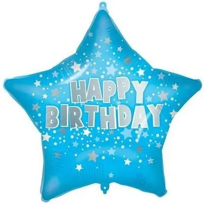 Imagen del producto de Globo de aluminio azul con forma de estrella, con la inscripción "¡FELIZ CUMPLEAÑOS!"