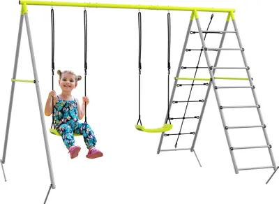Zdjęcie produktu dla Zestaw huśtawek dla dzieci Outsunny, huśtawka z 2 huśtawkami, siatką do wspinaczki, drabinką, huśtawka ogrodowa dla dzieci 3-8 lat, stalowa, zielona