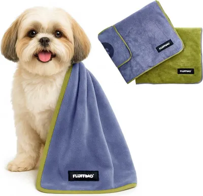 Immagine prodotto di Asciugamano per cani in microfibra FLUFFINO® - Confezione da 2 - 90 x 50 cm - Grigio e Verde