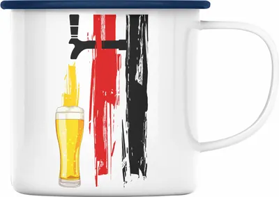 Produktbild von Trendation - Bier Geschenke für Männer Emaille Tasse mit Deutschlandflagge und Bier Grafik (Blau)