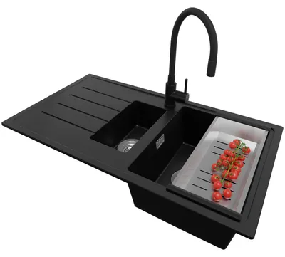 Produktbild von PRIMAGRAN Granitspüle Schwarz 90x50cm, Spülbecken 1,5 Becken + Küchenarmatur 38x14cm + Ablauf-Set, Küchenspüle ab 60er Unterschrank - Kopenhagen Duo