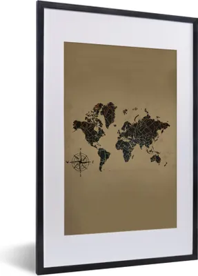 Produktbild von MuchoWow® Gerahmtes Poster Weltkarte - Schwarz - Windrose 40x60 cm - Poster mit Schwarzem Bilderrahmen Wandposter Rahmen Foto Bilder - Poster in Rahmen